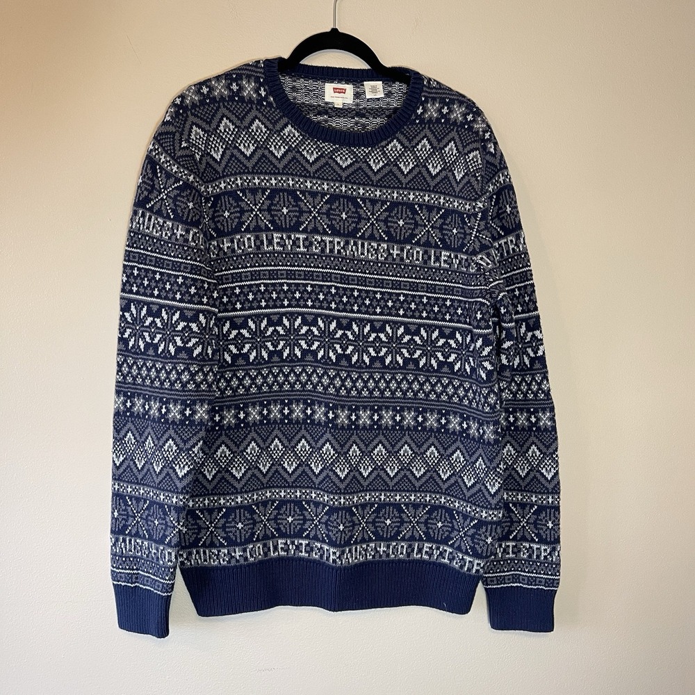 Levis Mens Navy Blue Fair Isle Logo Crewneck Sweater Large 56462-0000